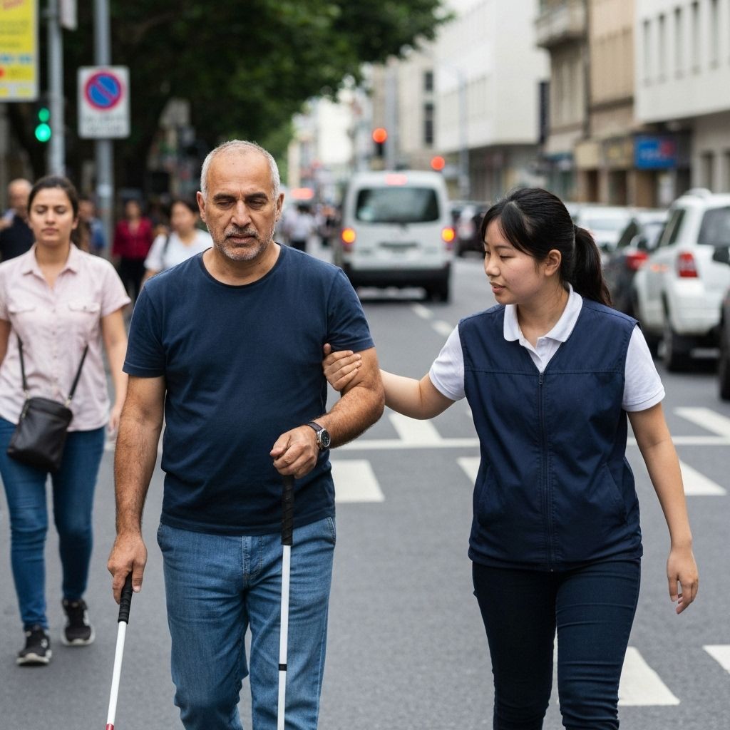 Visually impaired individual navigating with assistance